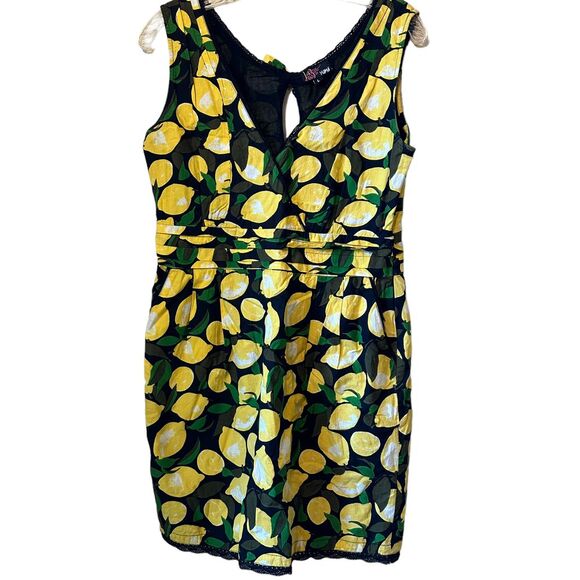 Yumi Cotton Black Mini Dress with‎ Lemons Pockets Lined Size Large - Picture 1 of 9